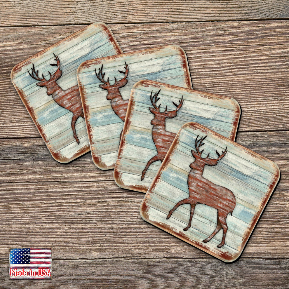 Deer Wooden Cork Coasters Gift Set of 4