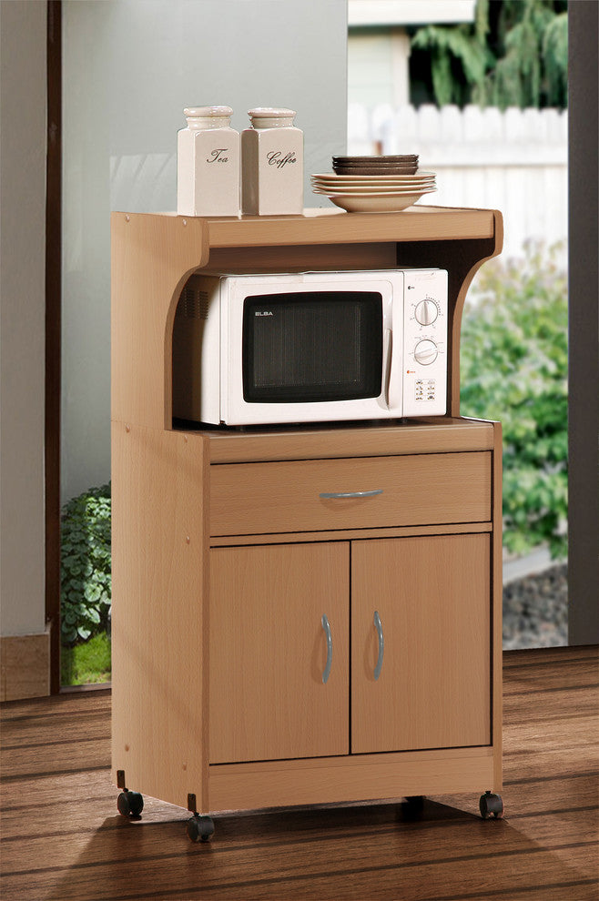 Hodedah Microwave Contemporary Wooden Kitchen Cart in Beige Finish