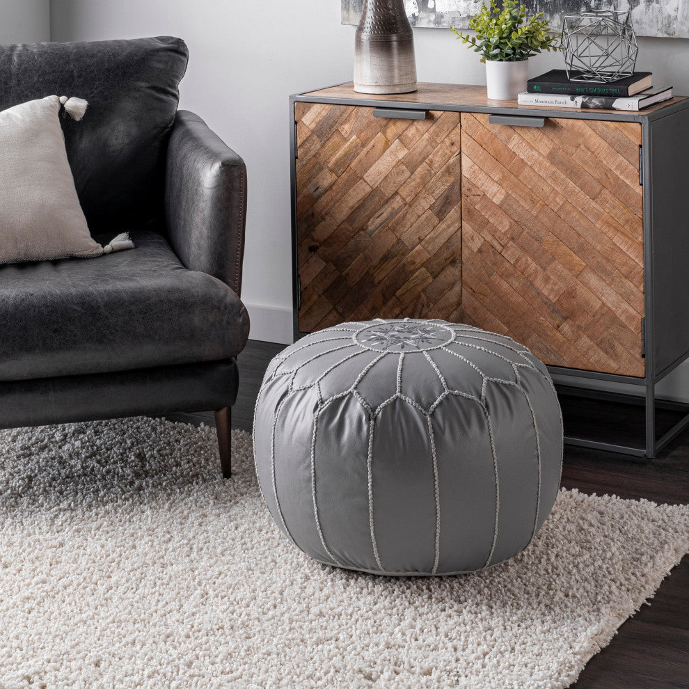 Nuloom Faux Leather Jane Moroccan Ottoman, Gray