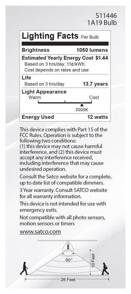 12W A19 LED, White, 5000K, 1050 Lumens, 120V, PIR Sensor, Non-Dimmable