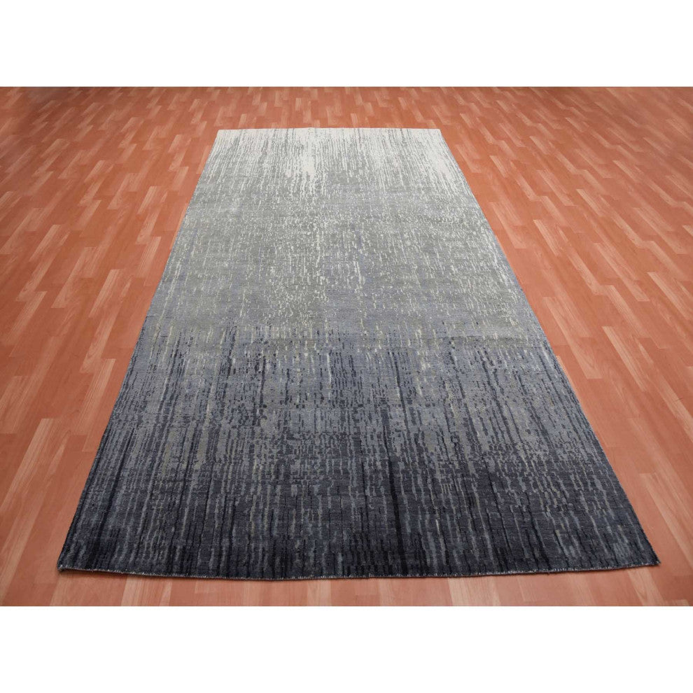 Blue, Pure Wool Hand Knotted, Modern Ombre Design Wide Runner Rug, 6'1"x12'1"