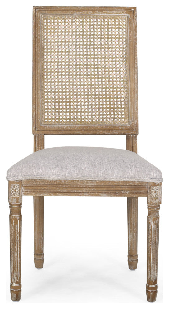 Merlene French Country Upholstered Wood and Cane 5-Piece Circular Dining Set, Natural/Light Gray