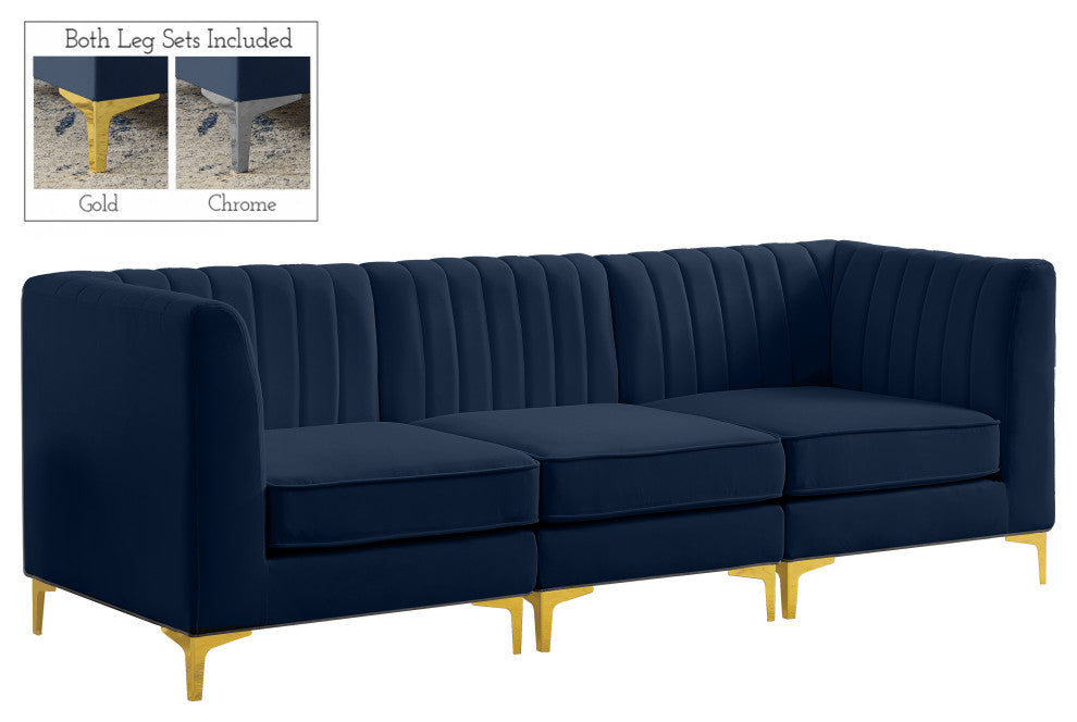 Alina Velvet Upholstered 3-Piece Modular Sofa, Navy