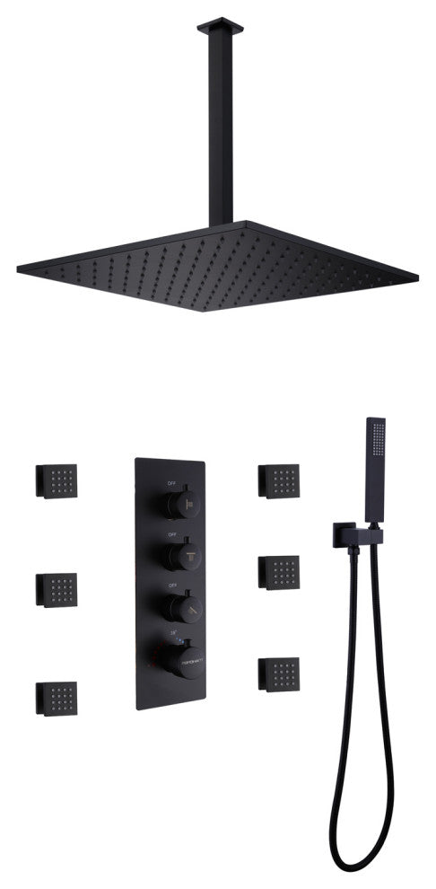 Luxury Thermostatic Shower System with 6 Body Jets & Handheld Shower, Matte Black