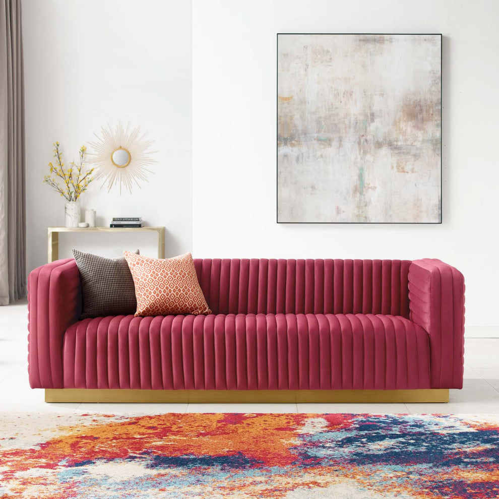 Tufted Sofa, Velvet, Red, Modern, Living Lounge Room Hotel Lobby Hospitality