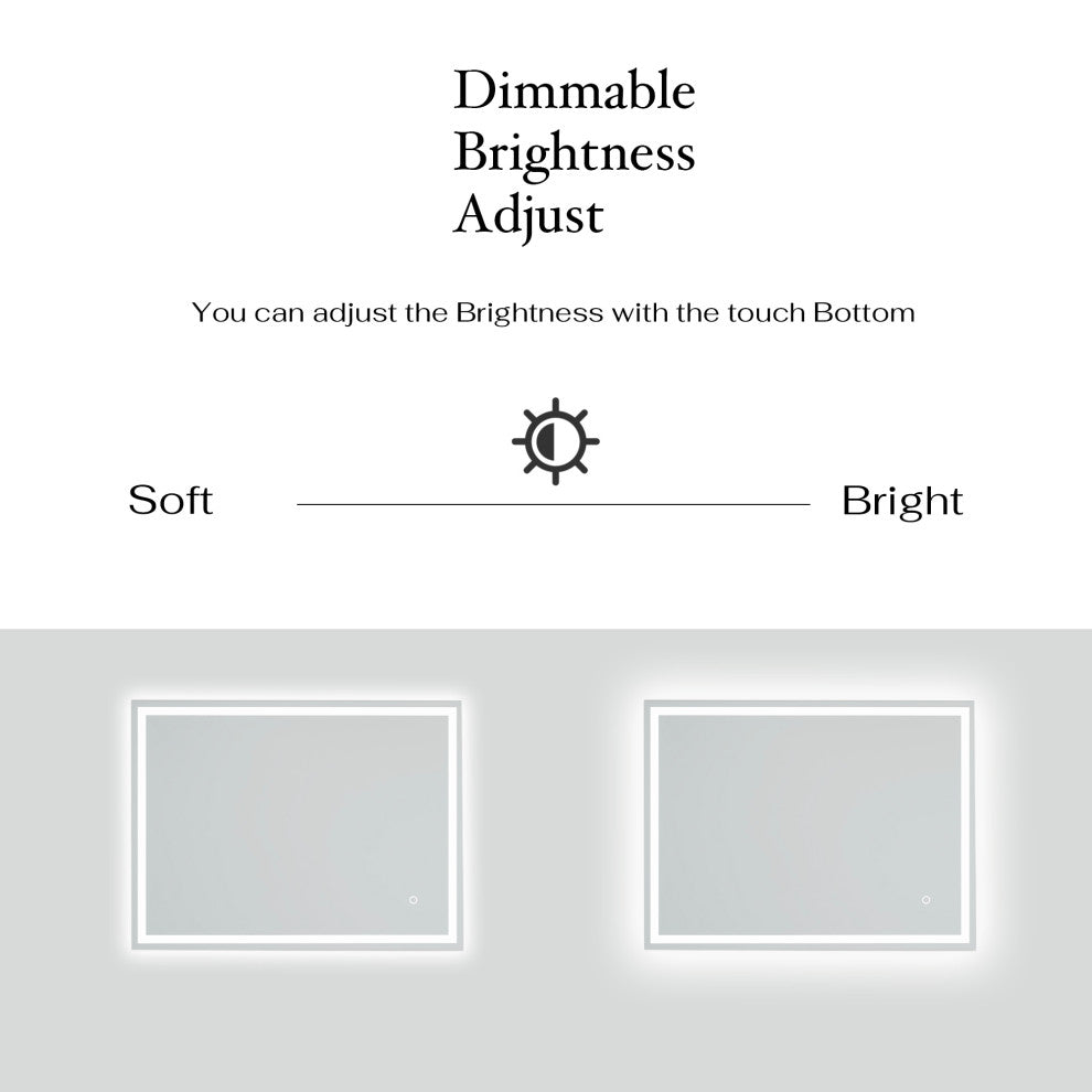 Rectangular Frameless Wall-Mount Anti-Fog LED Light Bathroom Vanity Mirror, 24x3