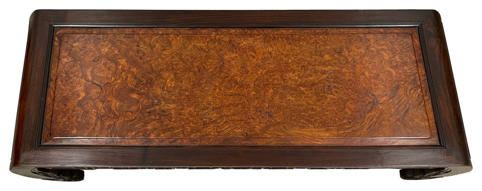 Consigned Antique Chinese Rosewood Carved Coffee Table with Burl Wood Top