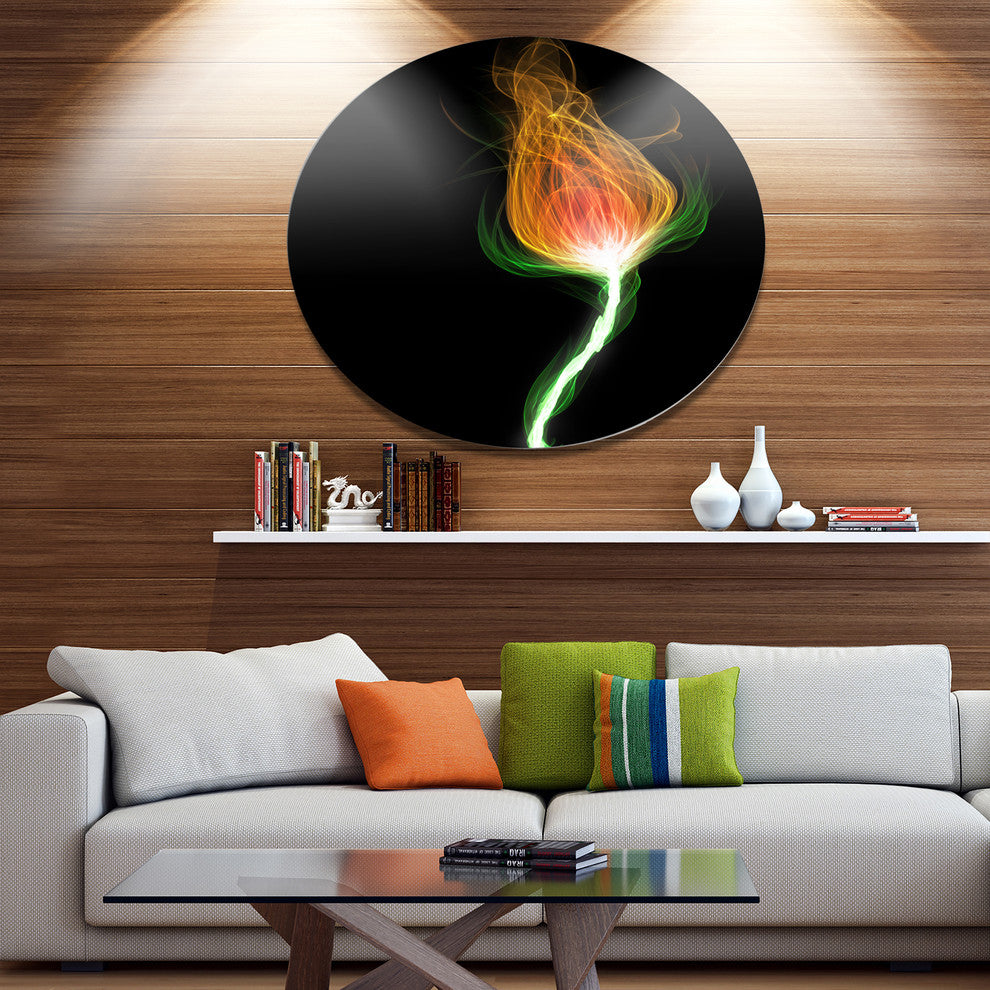 Fiery Fractal Flower With Stem, Floral Round Wall Art, 36"