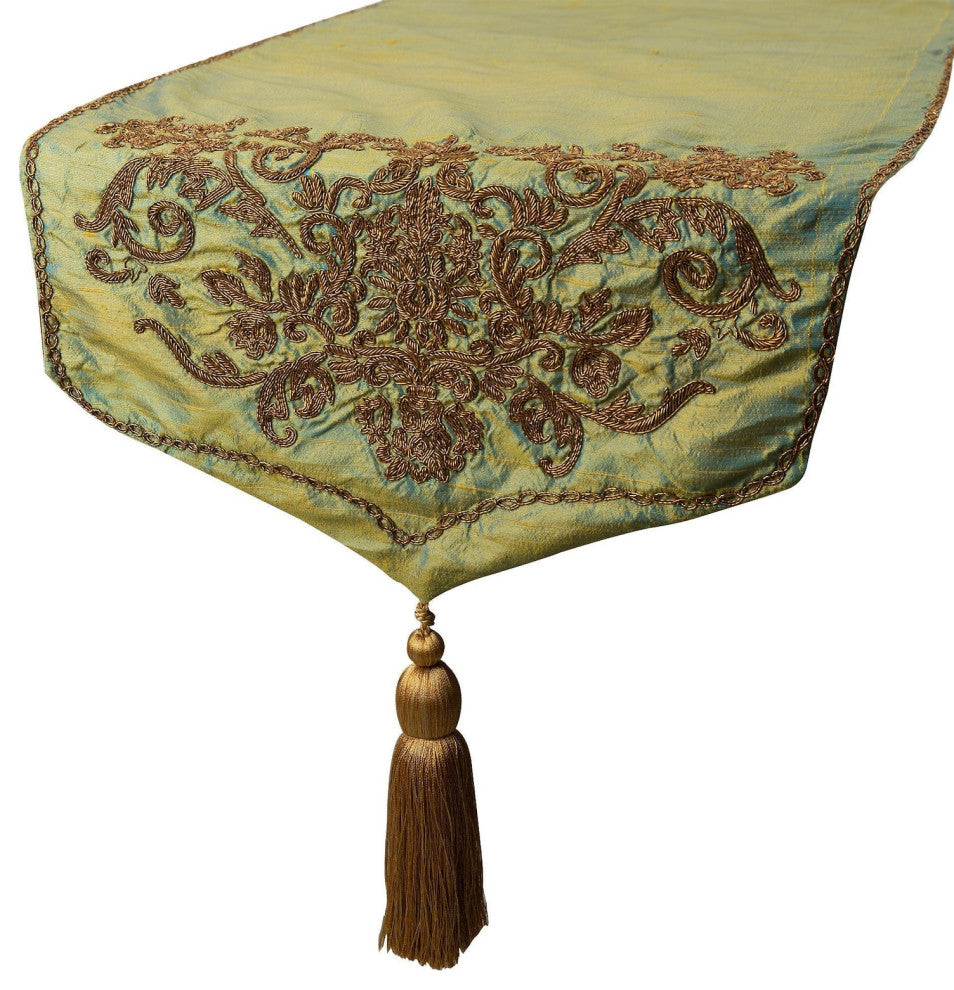 Decorative Table Runner, Gold Silk 16"x108", Zardozi and Tassels Orla