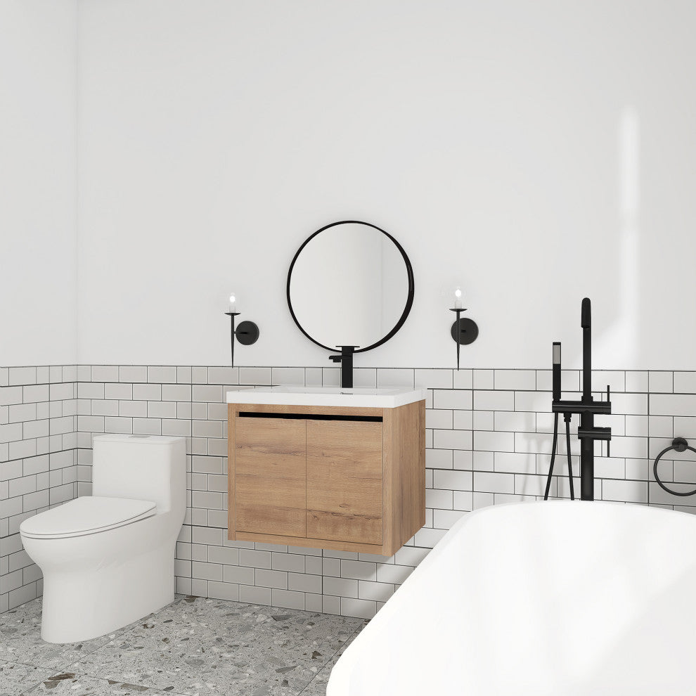 Bathroom Vanity With White Resin Top and Basin, Imitative Oak, 24x18