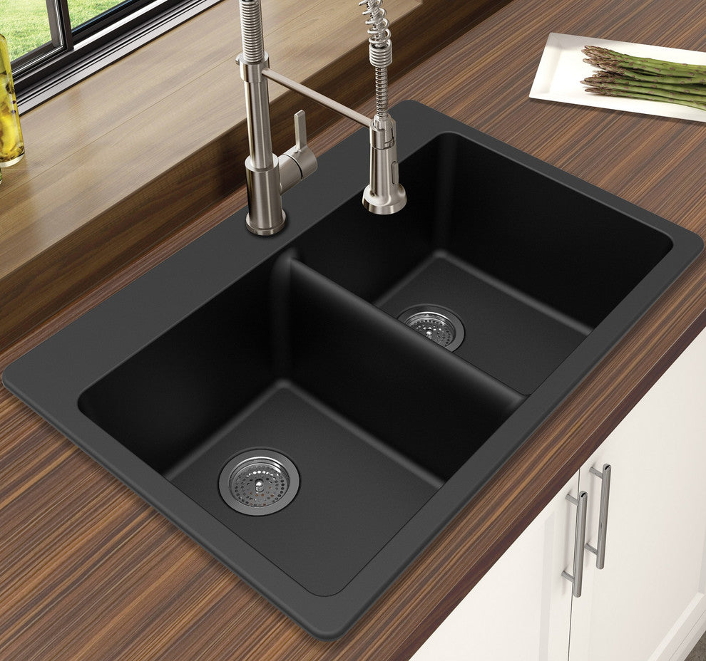 Winpro Dual-Mount Kitchen Sink, Equal Double Bowl, Granite Quartz, 33", Black