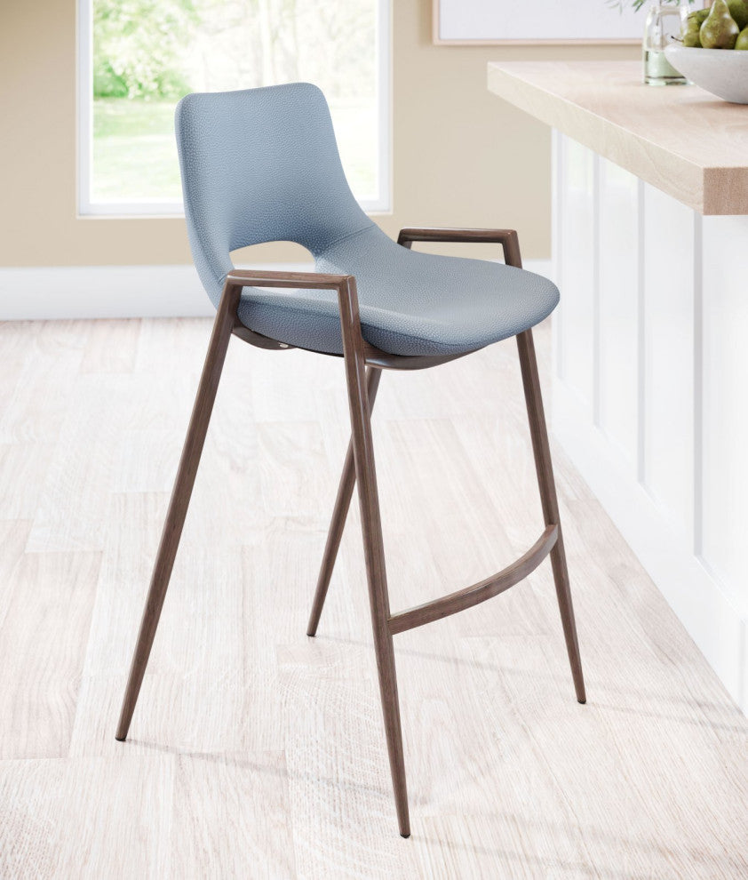 Counter Stool Chair, Set of 2, Faux Vinyl Leather, Steel, Gray, Walnut