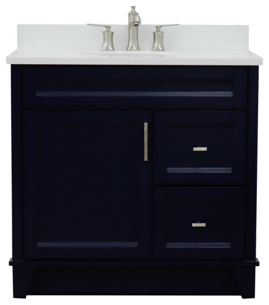 37" Single Sink Vanity, Blue Finish With White Engineered Stone Top
