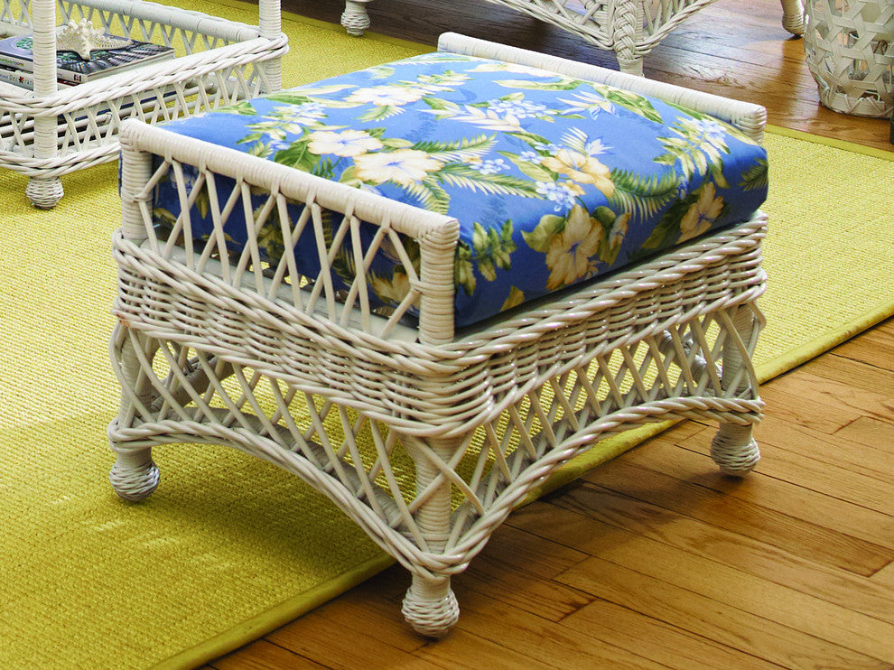 Bar Harbor Ottoman, White, Astrid-Geranium Fabric
