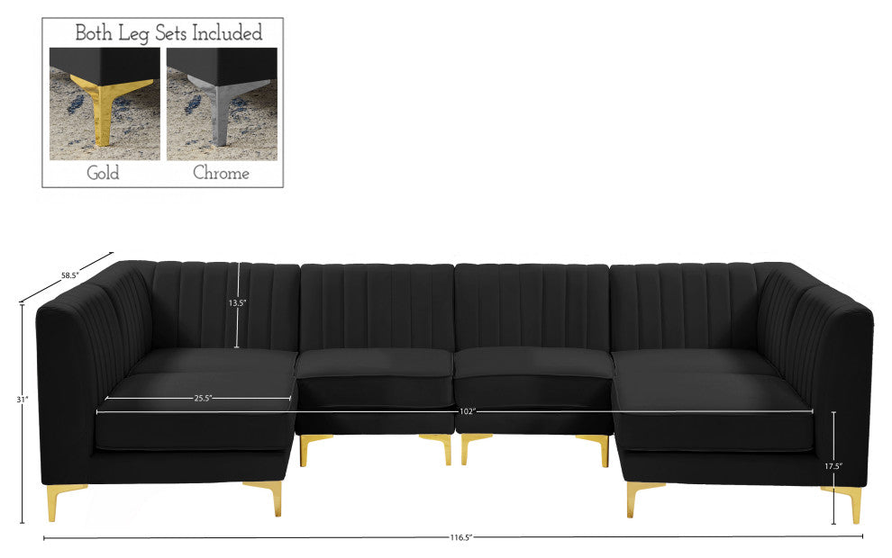 Alina Velvet Modular U-Shaped Sectional, Black, 6-Piece: 4 Armless Chair, 2 Corner Chair