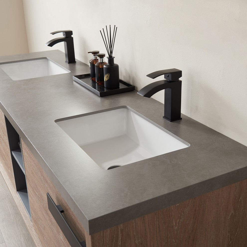 Carcastillo Bath Vanity, Oak With Sintered Stone Top, 72", Without Mirror