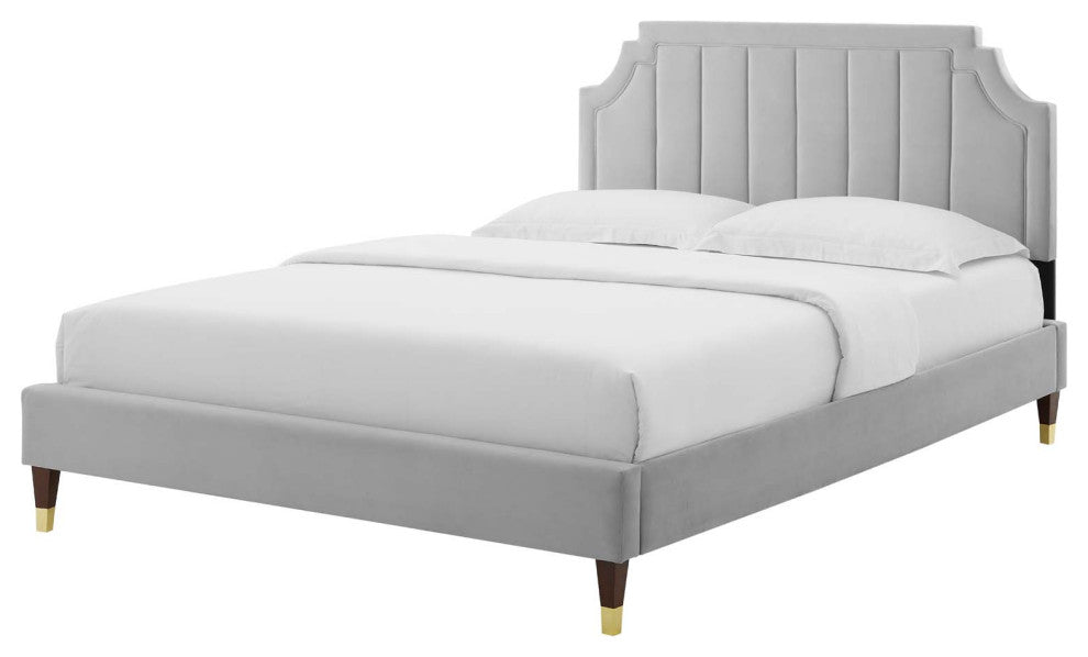 Platform Bed Frame, King Size, Velvet, Light Gray, Modern Contemporary