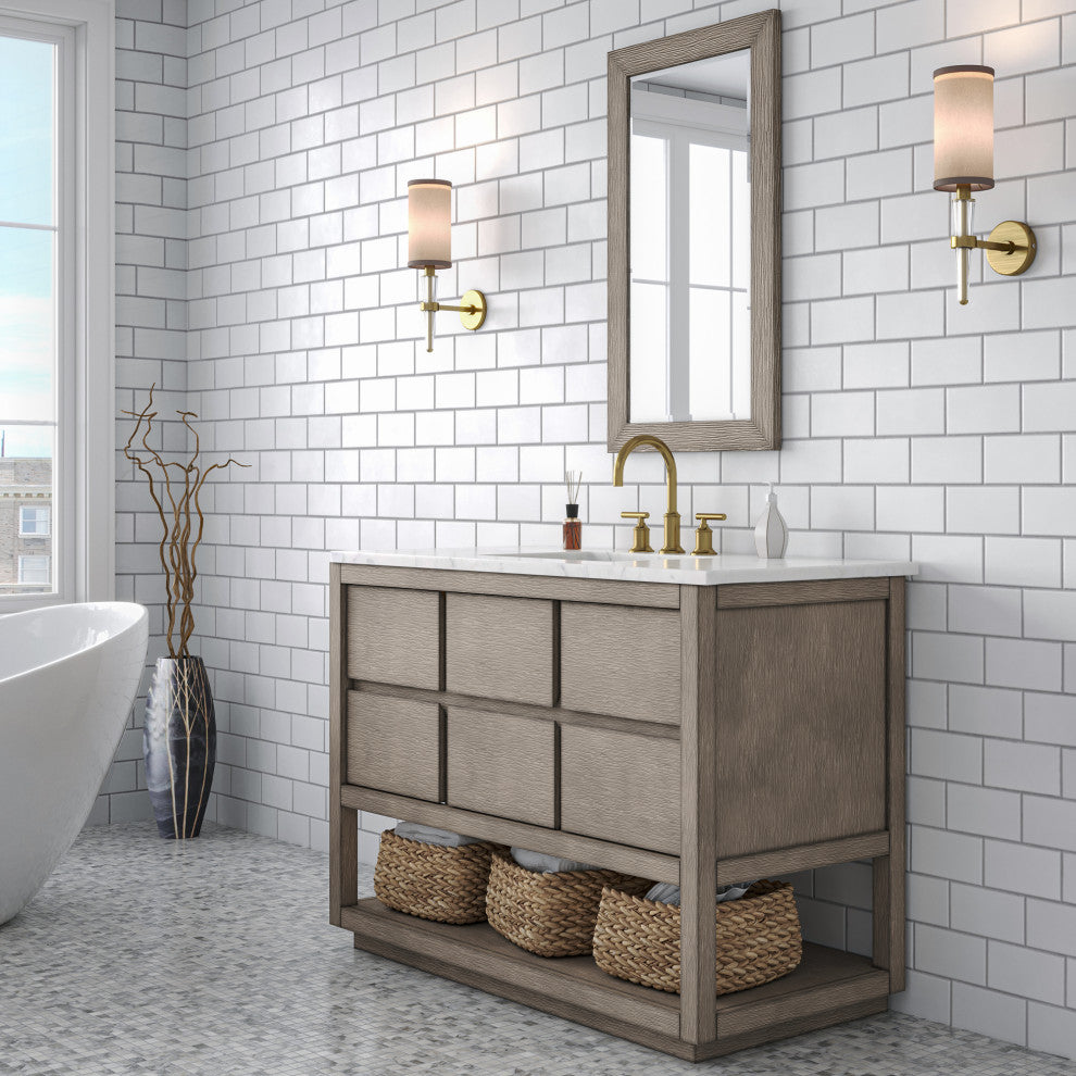 Oakman Marble Top Vanity in Grey Oak with Faucet, 48", Vanity With Satin Gold Faucet