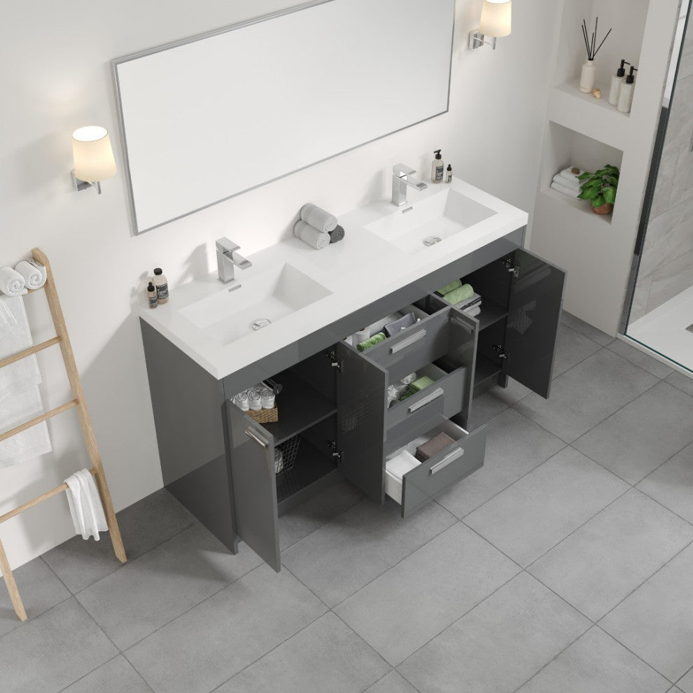 Eviva Lugano 60" Gray Modern Double Sink Bathroom Vanity With White Top