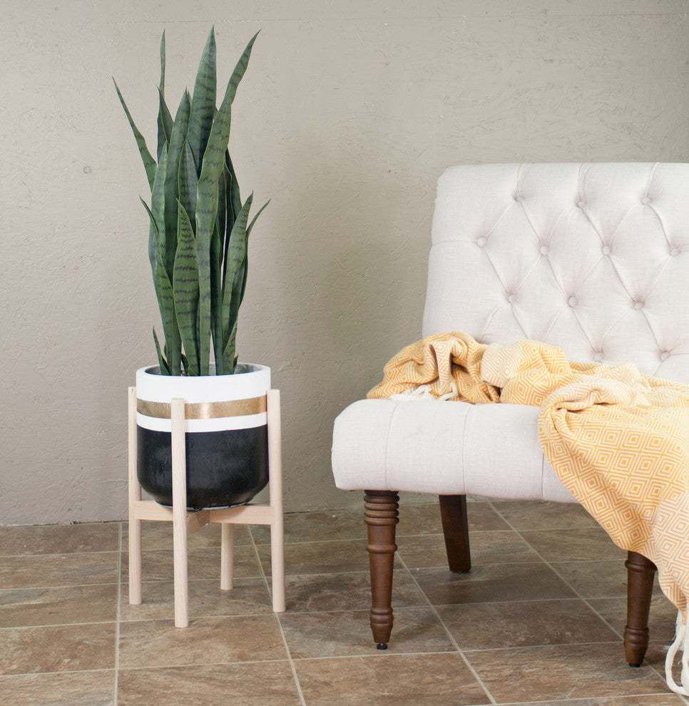 Large Handcrafted Fiber Clay Pot 10'''' With Wood Plant Stand Natural Color(Ash)