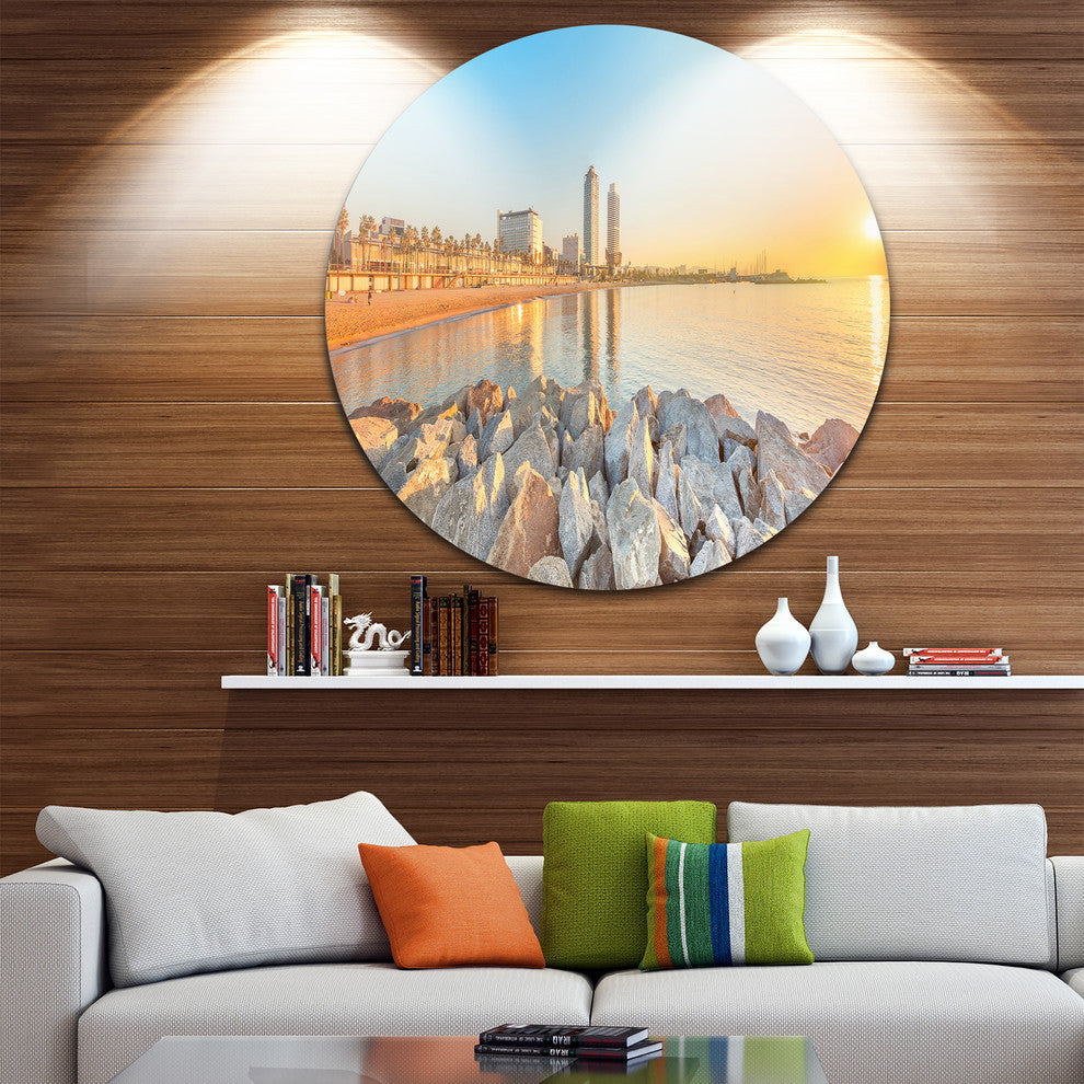 Barceloneta Beach In Barcelona, Seashore Photo Disc Metal Wall Art, 36"