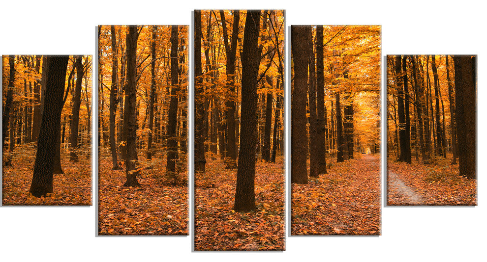 Yellow Trees and Fallen Leaves, Modern Forest Canvas Art, 60"x32", 5 Panels