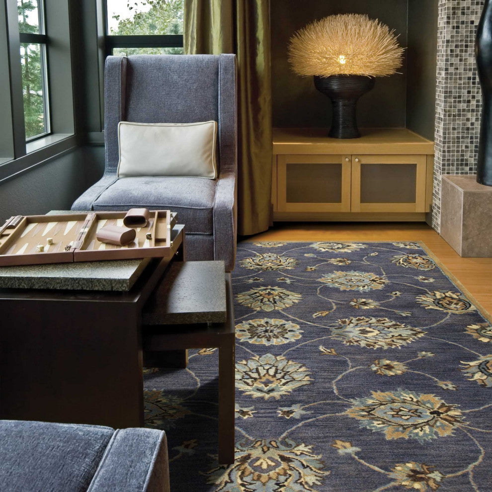 HomeRoots 9'x13' Midnight Blue Hand Tufted Traditional Floral Indoor Area Rug