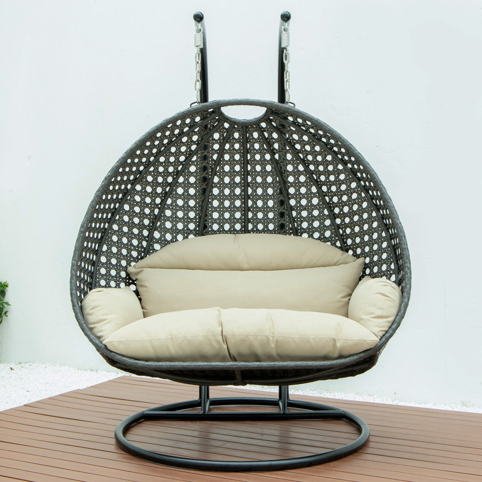 2 Person Charcoal Wicker Double Hanging Egg Swing Chair, Taupe