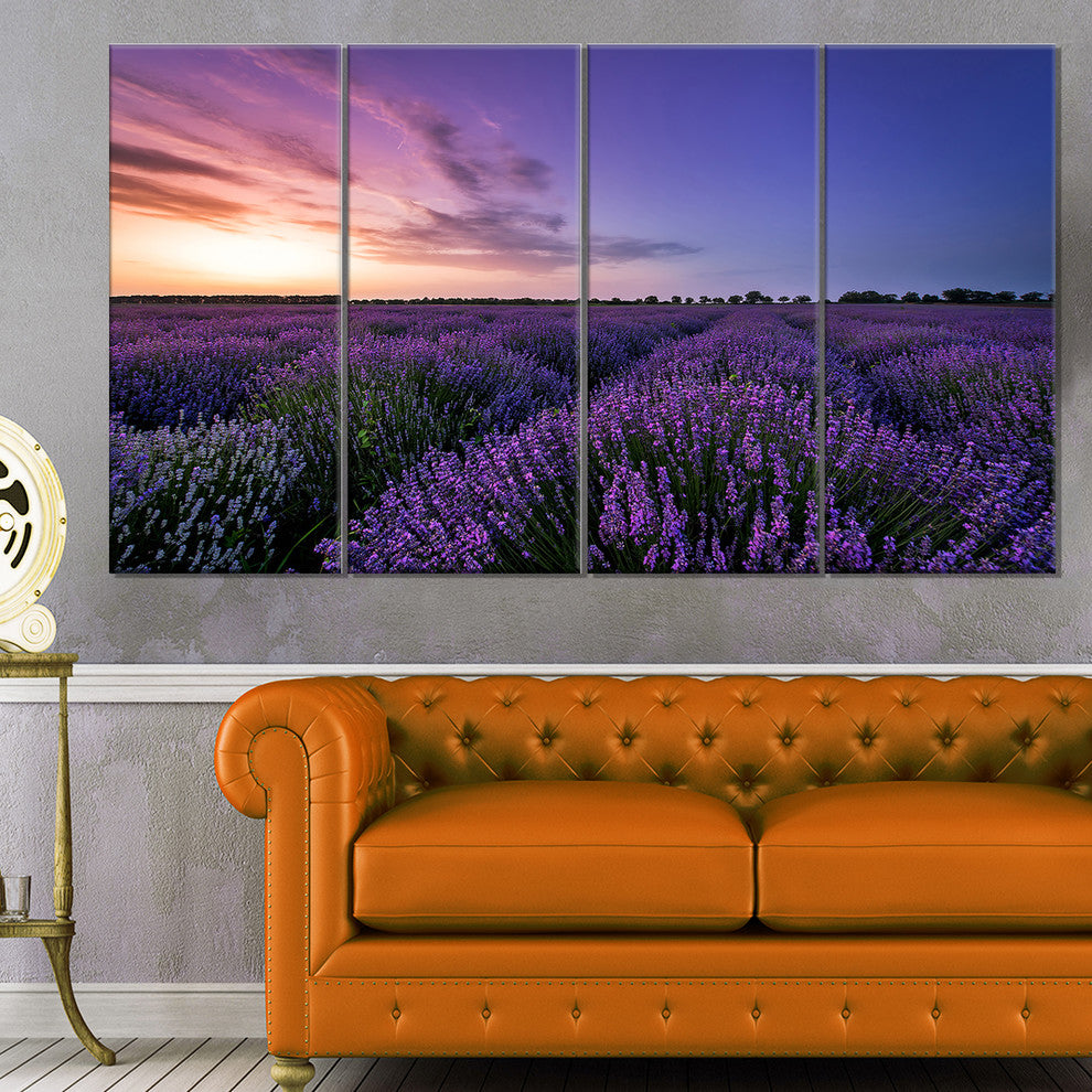 Beautiful Lavender Flowers At Sunset, Floral Canvas Art Print, 48"x28", 4 Panels