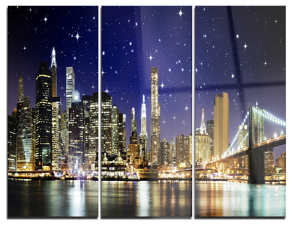 "Night Colors Over Brooklyn Bridge" Photo Metal Wall Art, 3 Panels, 36"x28"