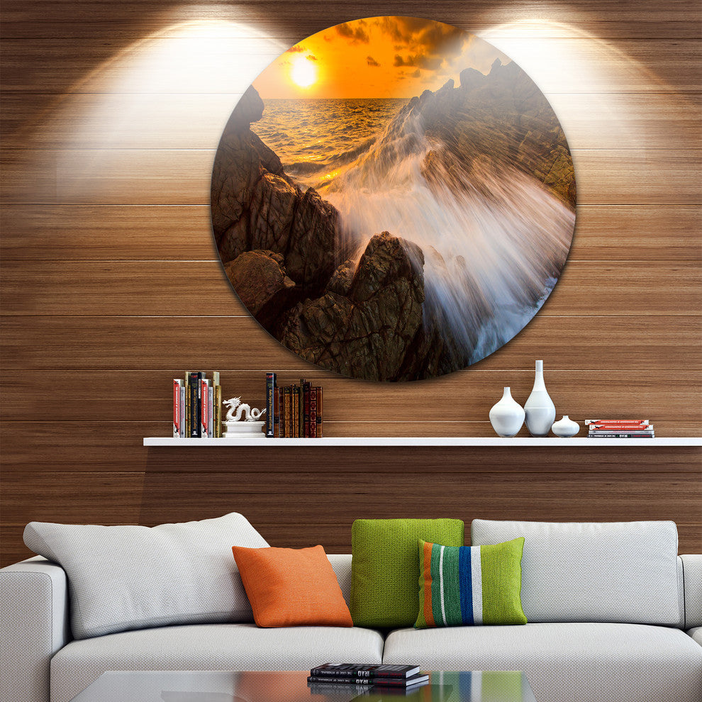 Sunset Sea Wave Impact Rocks At Sunset, Seascape Disc Metal Art, 36"