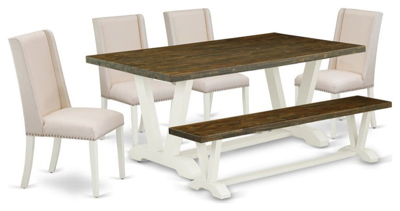6-Piece Set Table Top and Dining Bench and 4 Chairs, Linen White