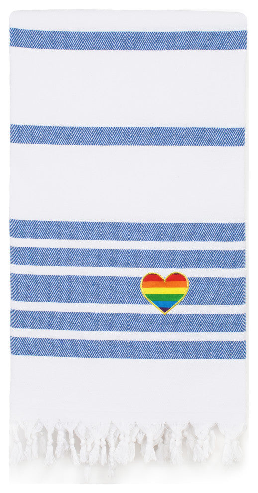 Herringbone Cheerful Rainbow Heart Pestemal Beach Towel, Royal Blue & White