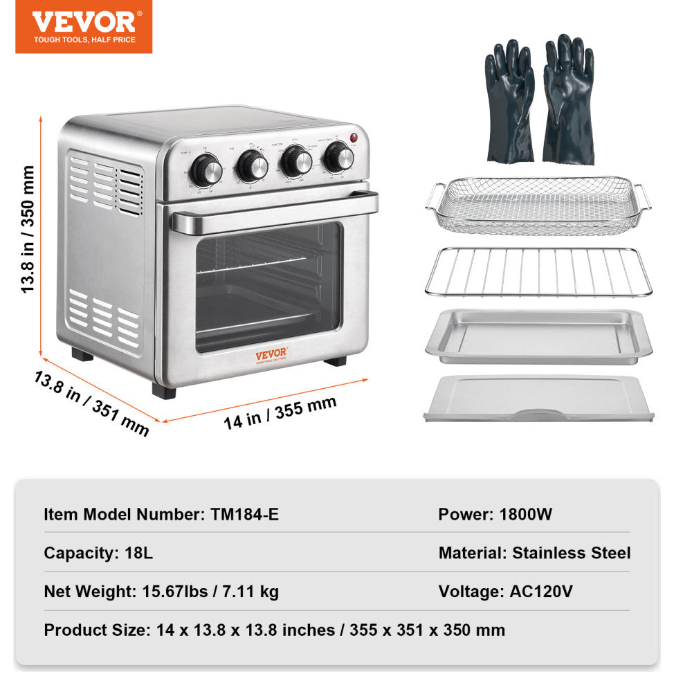 VEVOR Air Fryer Toaster Oven 1700W Stainless Steel Convection Oven, 18 L 7-in-1