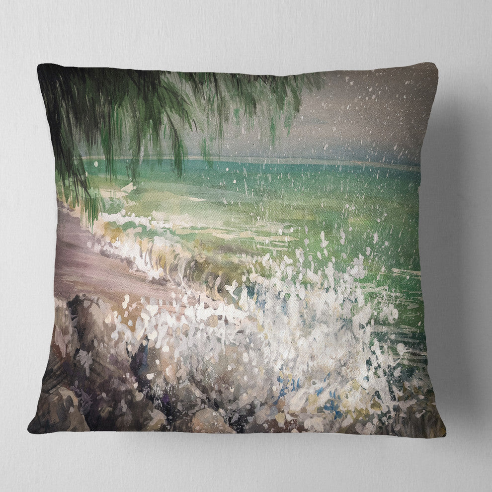 Rocky Seashore with White Waves Seashore Throw Pillow, 18"x18"
