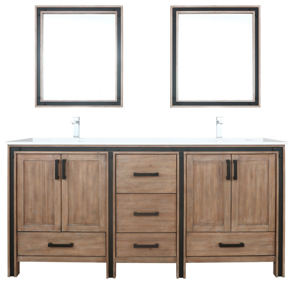Ziva 72 Barnwood DB Vanity, Cultured Marble Top, Square Sink, 30 Mirrors, Faucet