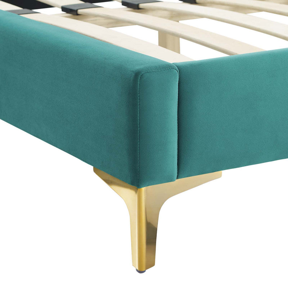 Platform Bed Frame, King Size, Velvet, Teal Blue, Modern Contemporary, Bedroom