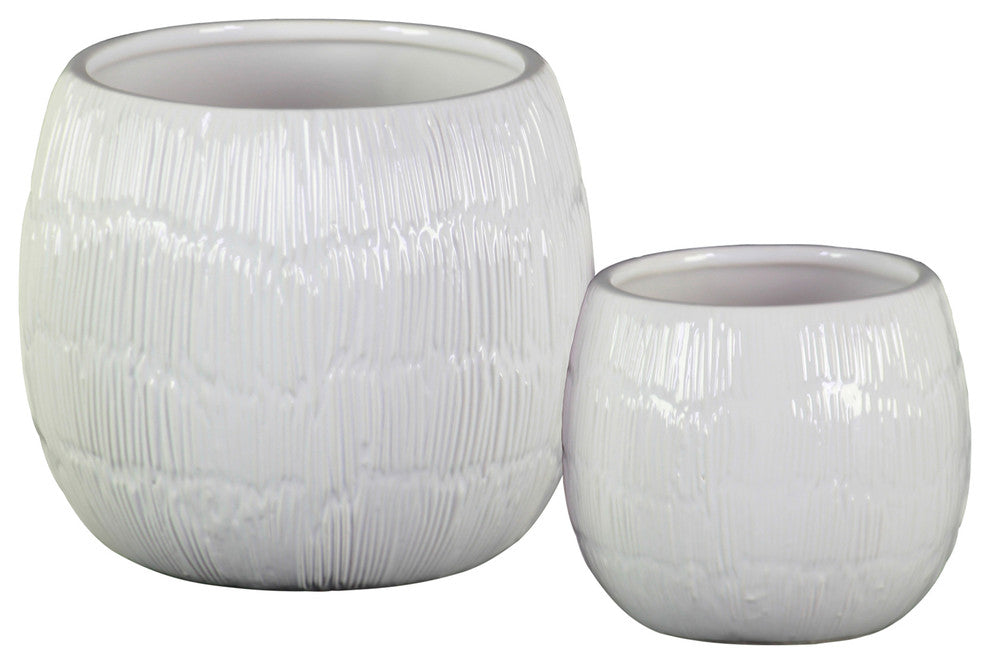 Low Round Pots Embossed Lines Design Body and Tapered Bottom, 2-Piece Set, White