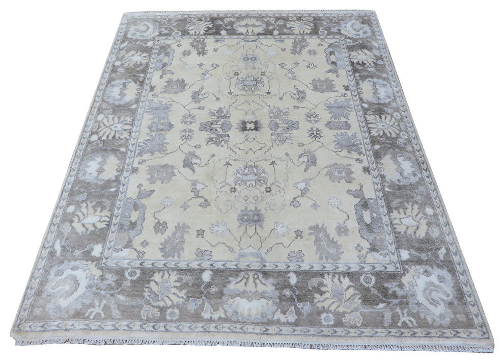 Hand Knotted Beige and Brown Bamboo Silk Oriental Rug, 8x10