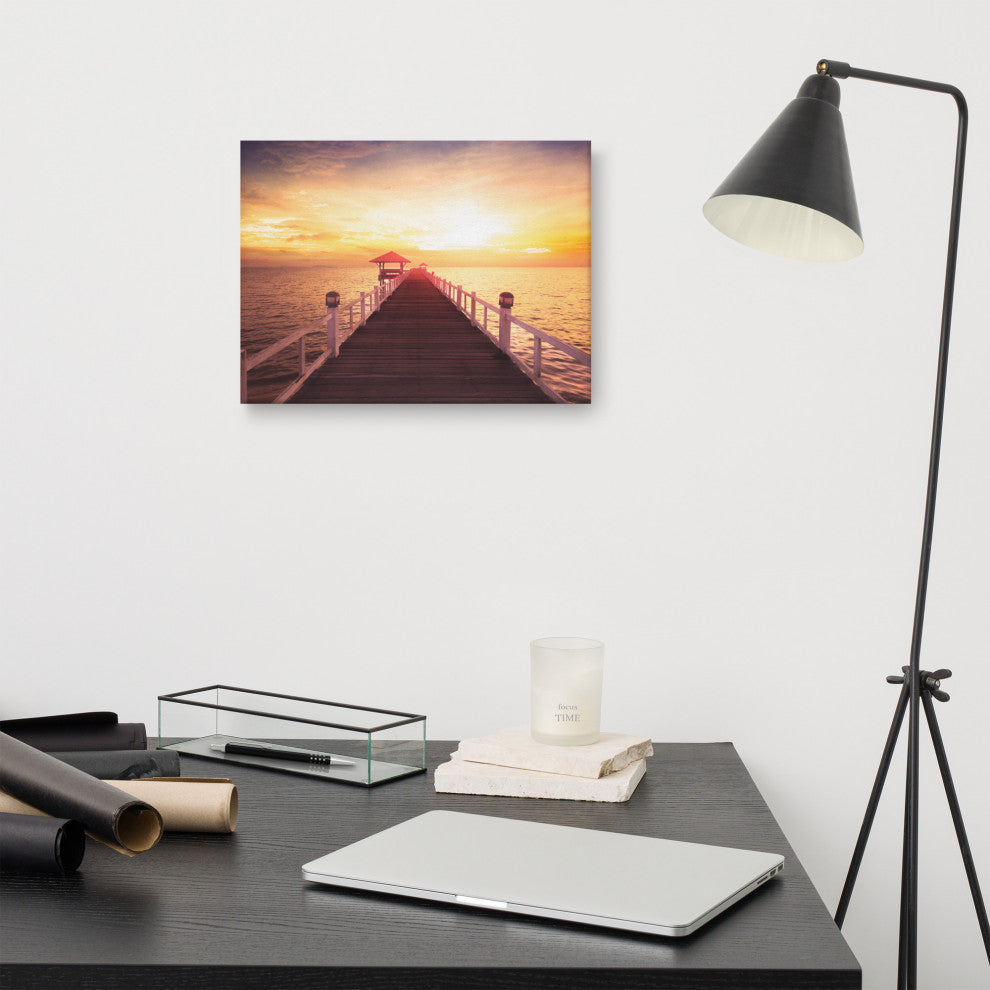 Surreal Wooden Pier at Sunset Landscape Photo Canvas Wall Art Prints, 12" X 16"