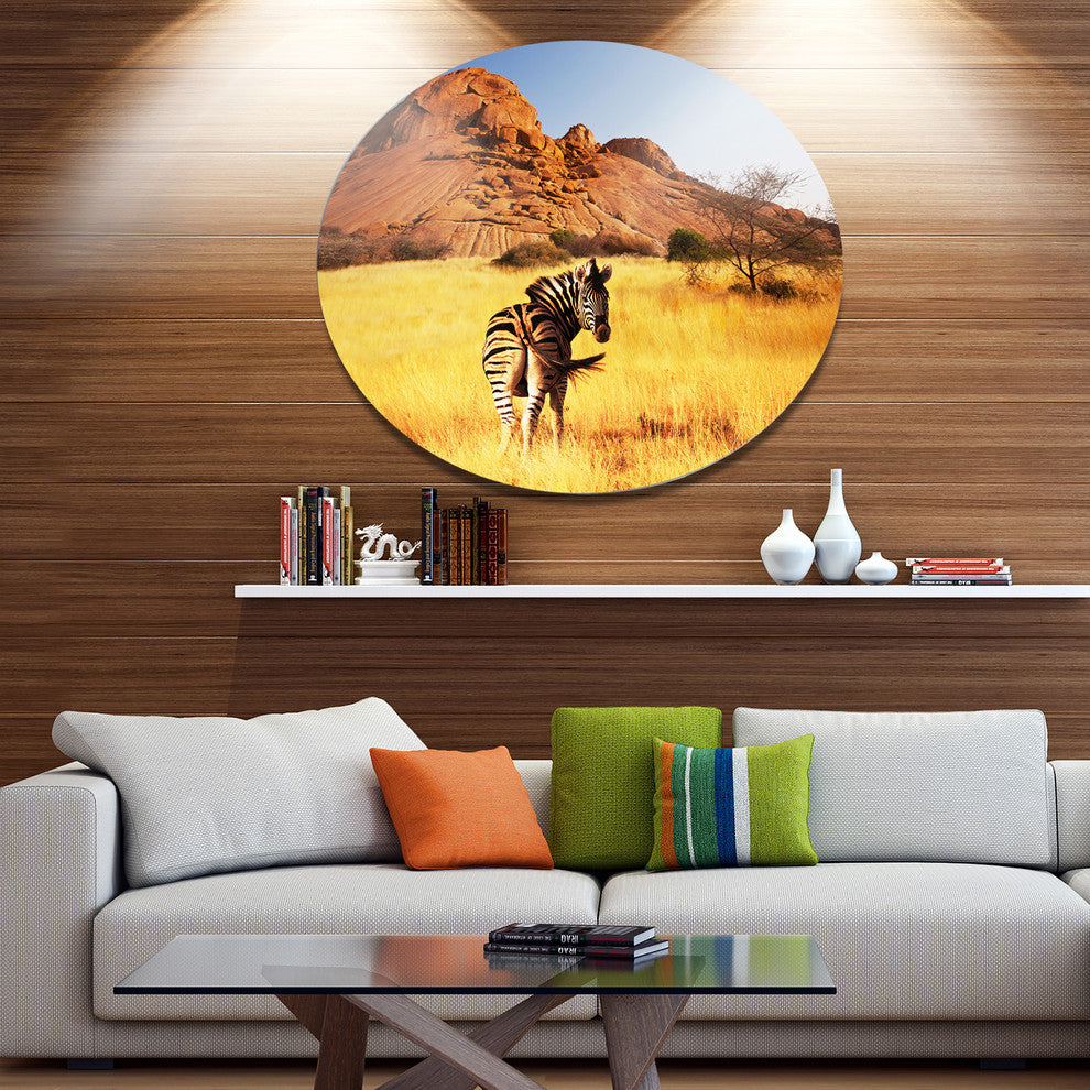 Lonely Zebra In African Prairie, African Round Wall Art, 11"