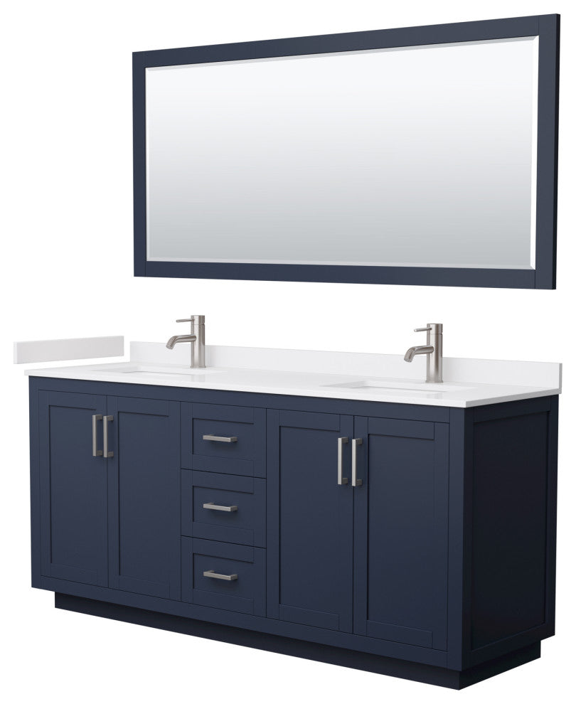 72"DBL Vanity Dark Blue, White Cult. Marble Top, Sinks, Nickel Trim, 70"Mirror
