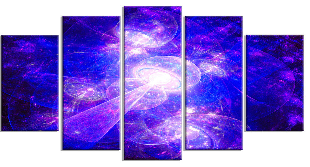 Bright Blue Fractal Space Theme, Abstract Canvas Art Print, 60"x32", 5 Panels