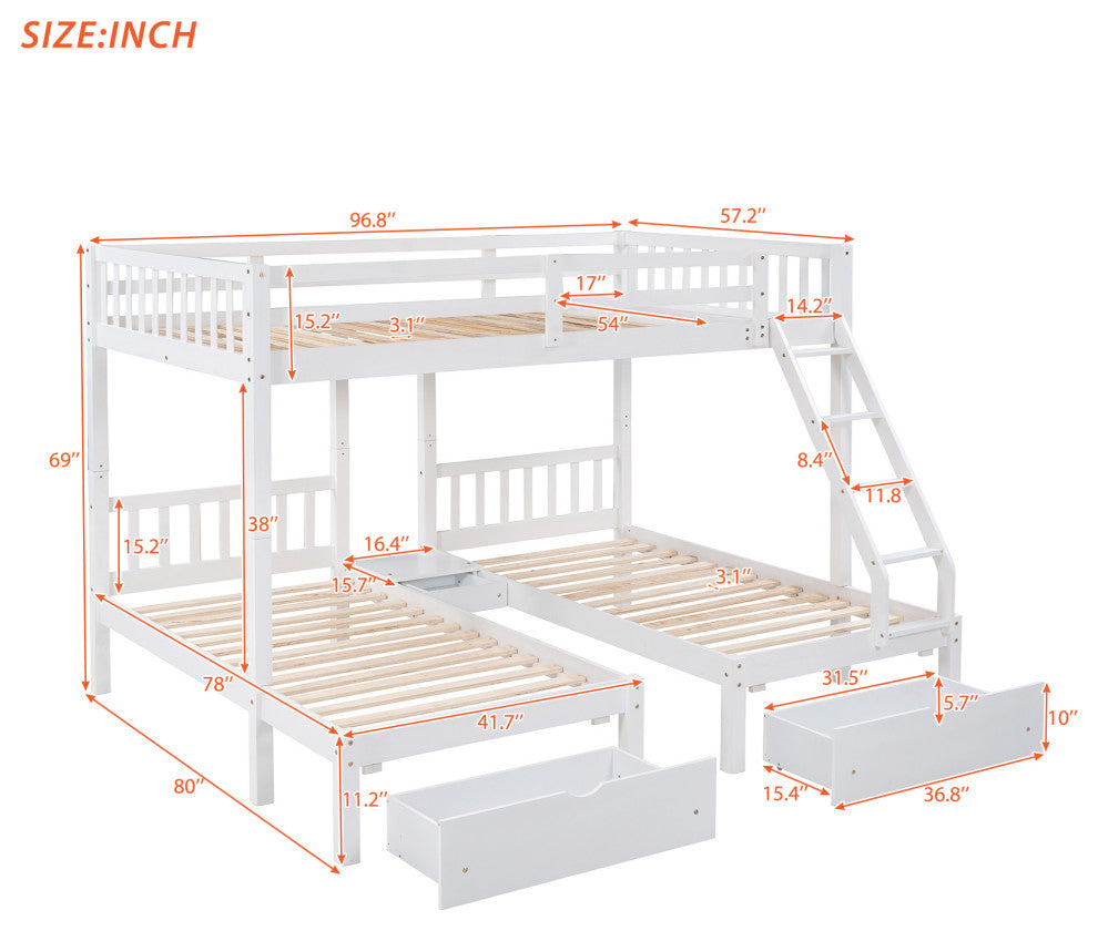 Gewnee Full Over Twin Wood Triple Bunk Bed with Drawers In White