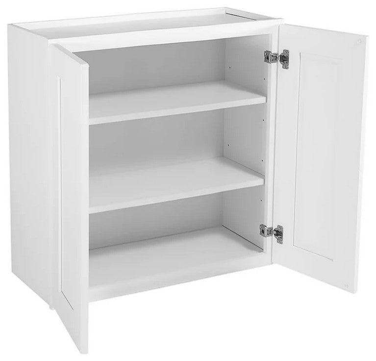Wall Mount Storage Cabinet, Soft Closing Framed Door & Inner Shelves, White, 27"