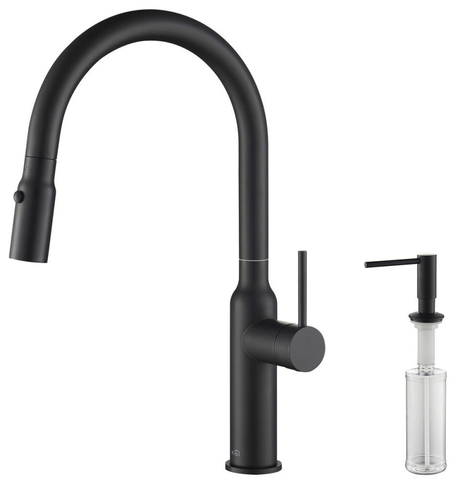 KIBI Hilo Single Handle Pull Down Kitchen Faucet, Matte Black, W/ Soap Dispenser