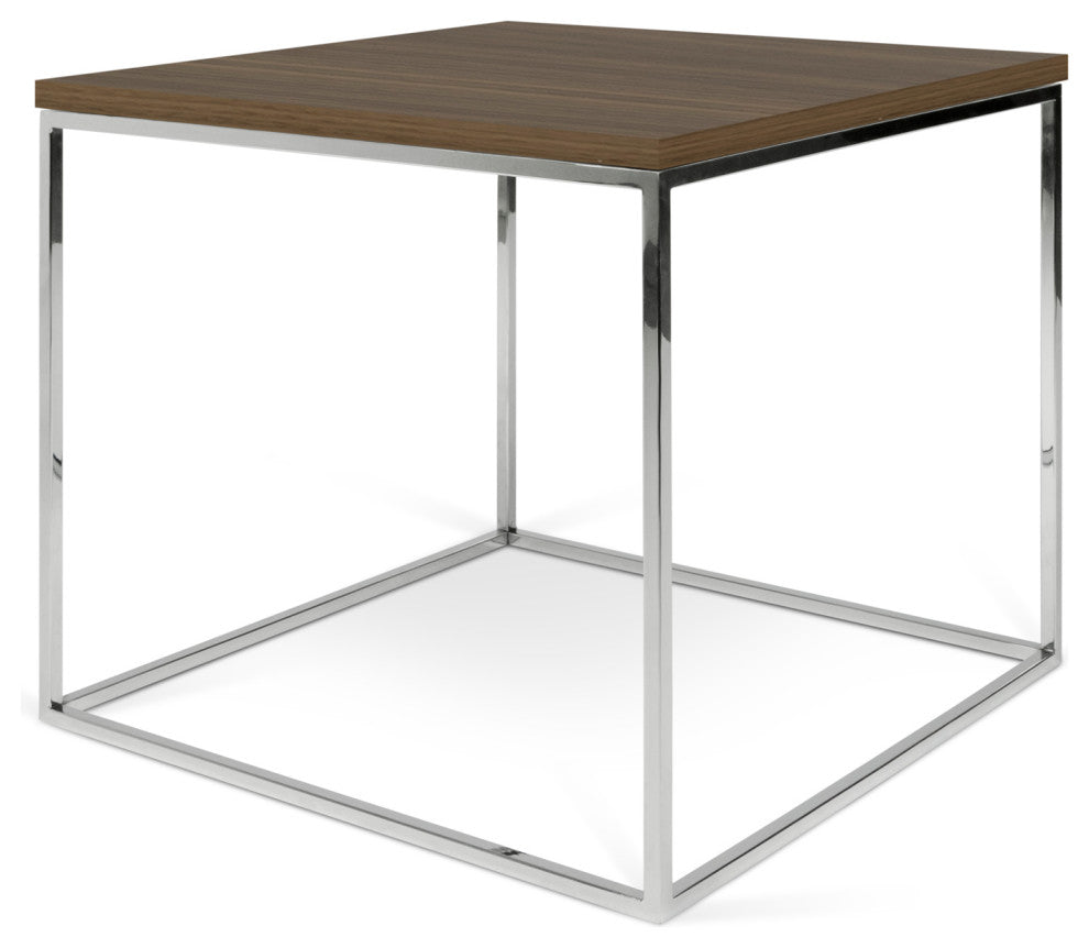 Modern Walnut Minimal Metal Cube Side Table, Walnut/Chrome