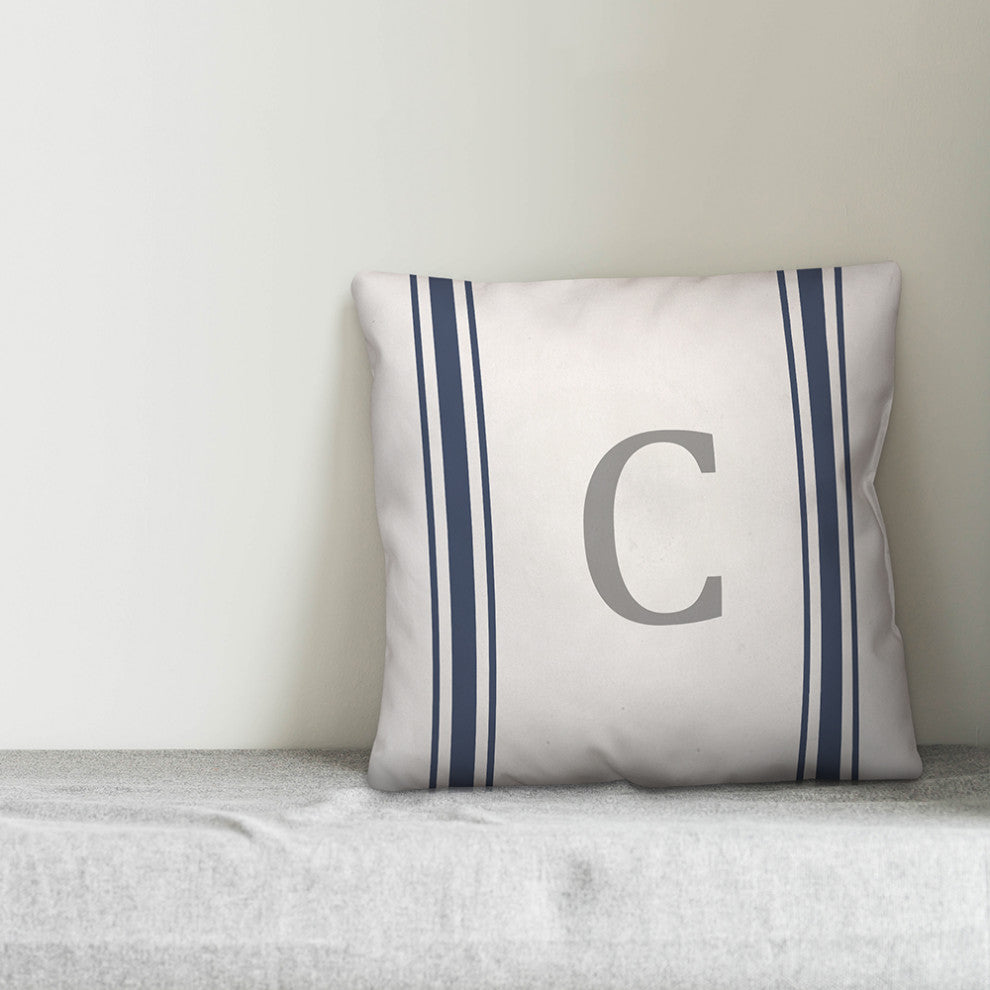 Blue Farmhouse Stripe Monogram - C 18x18 Spun Poly Pillow