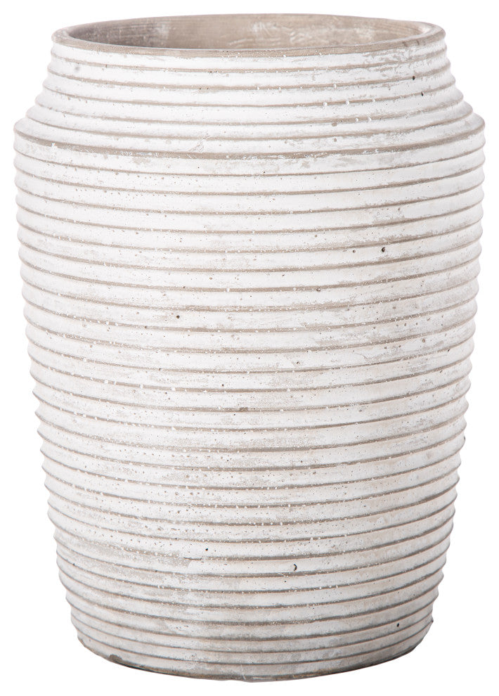 Round Cement Pot with Embossed Stripe Pattern Washed White Finish, Large