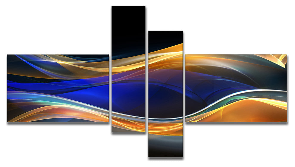 3D Gold Blue Wave Design, Abstract Canvas art print, 60"x32", 4 panels